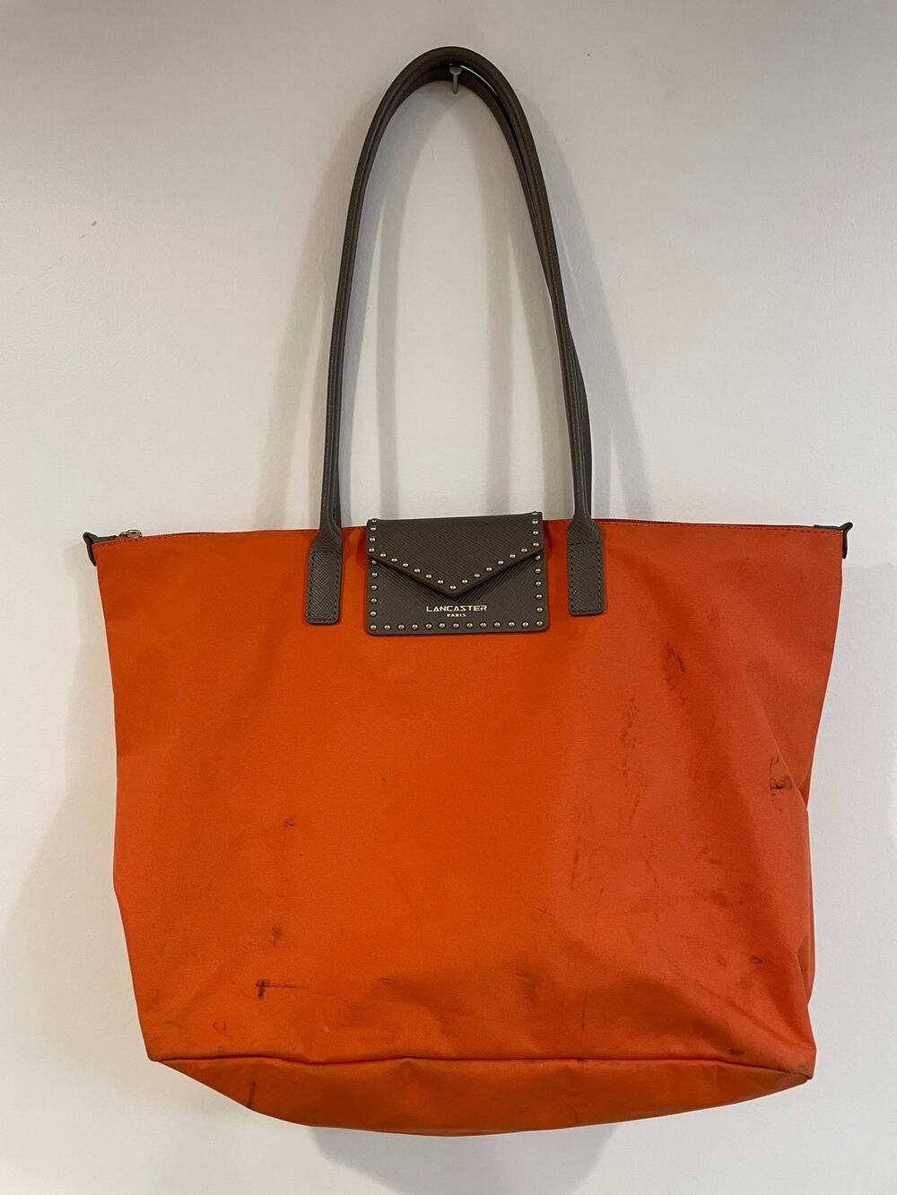 Lancaster Paris Orange Coated Fabric leather studded flap pocket zip tote used